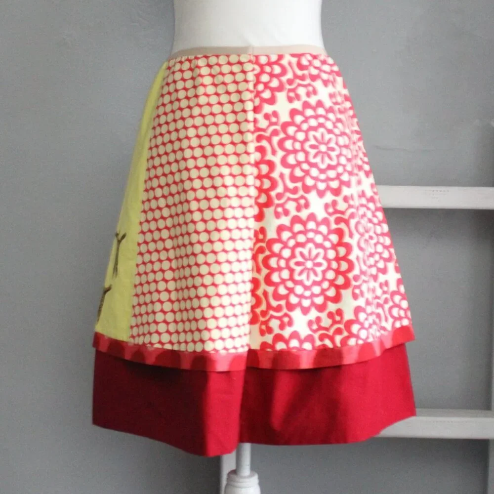 Orangyporangy Yellow Red Mixed Print Retro Rooster Farm A-Line Skirt Size Small - Picture 2 of 7
